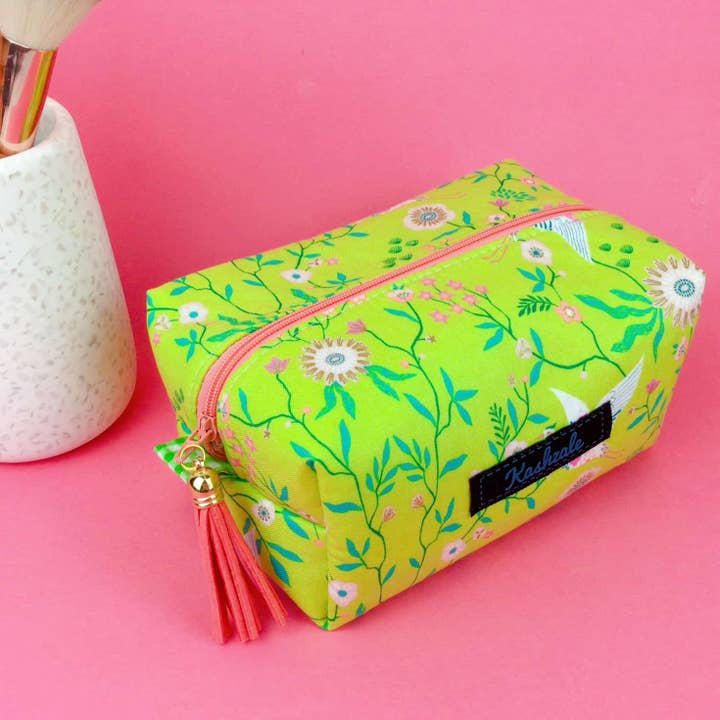 Kashzale Handmade Cosmetic Bags - Wholesale Makeup/Cosmetic Bag - Lime Cranes Medium Box Makeup Bag. Lime Makeup Bag2