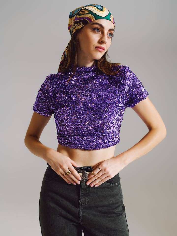 Cropped High Neck Top in Purple Sequin for wholesale by Q2—All Orders:Free Duties for the US,UK,and Canada
