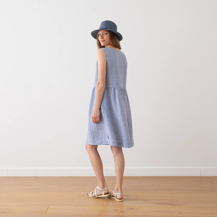 LinenMe - Wholesale Dress - Women's - Linen Dress Medium Stripe Blue Charlotte