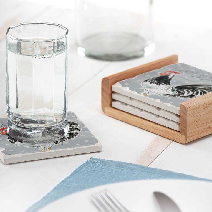 Conimar Promotions - Wholesale Coasters - Rooster 4 Pack Stone Coasters in Wooden Holder