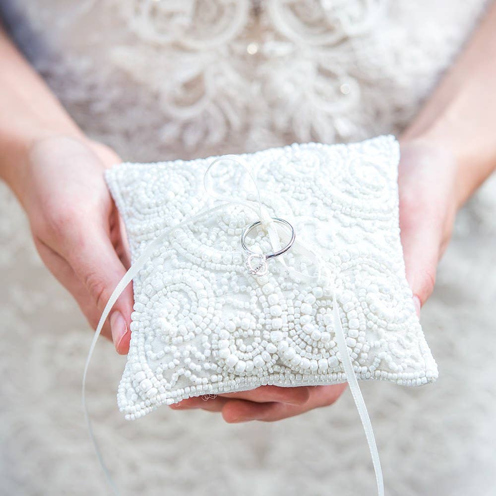 Weddingstar Inc. - Wholesale Pillow/Cushion - Kids & Baby - White Beaded Miniature Wedding Ring Pillow