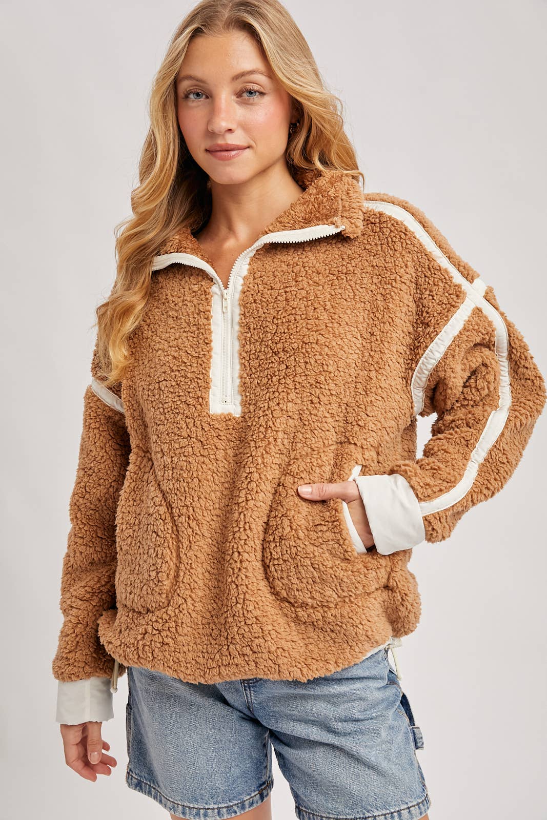 Bluivy - Wholesale Outerwear - Maternity - HALF ZIP CONTRAST SHERPA FLEECE TOP WITH POCKETS12