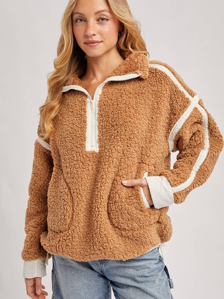 Bluivy - Wholesale Outerwear - Maternity - HALF ZIP CONTRAST SHERPA FLEECE TOP WITH POCKETS12