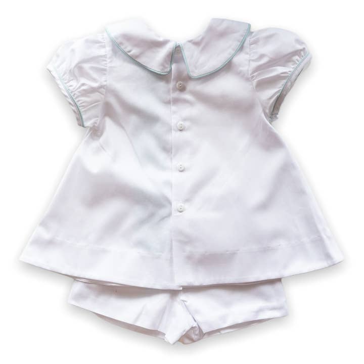 Angels and Company Clothing - Wholesale Top & short set – Kids - Louise Swing Top Set with Short in White Pique with Aqua Chambray Insert5