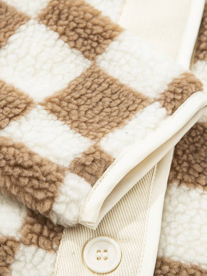 Brown Checkered Sherpa Buttoned Front Chunky Jacket for wholesale on Faire5