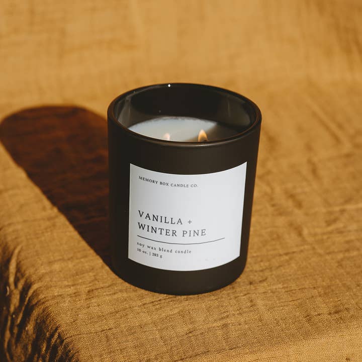 Memory Box Candle Co. - Wholesale Jar/Filled Candle - Soy Candle - Vanilla + Winter Pine - 10 oz Matte Black Glass1