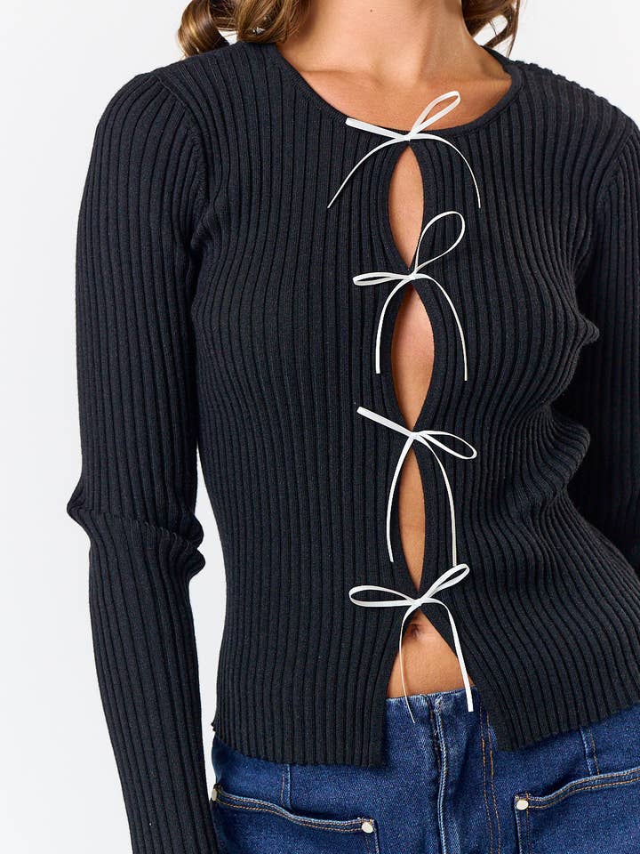 Blue Blush - Wholesale Knit Sweater - Women's - IBT30922 FRONT BOW CUT OUT LONG SLEEVE SWEATER TOP 🏫 BACK TO SCHOOL 🏫