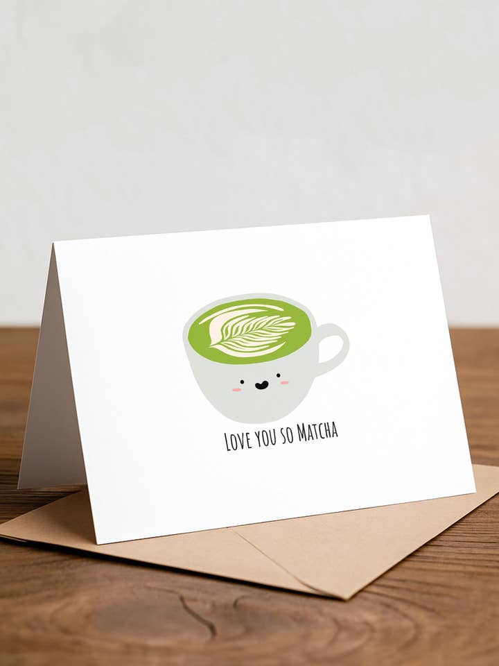 Carte de vœux "Je t'aime tellement matcha" : Carte gourmande pleine d'humour pour la vente par Chewy Lemon Studio