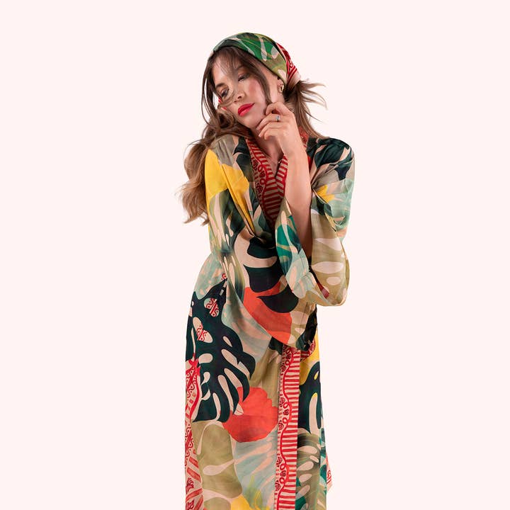 Green *SS26* Kimono Gown - Exotic Leaves for wholesale on Faire6