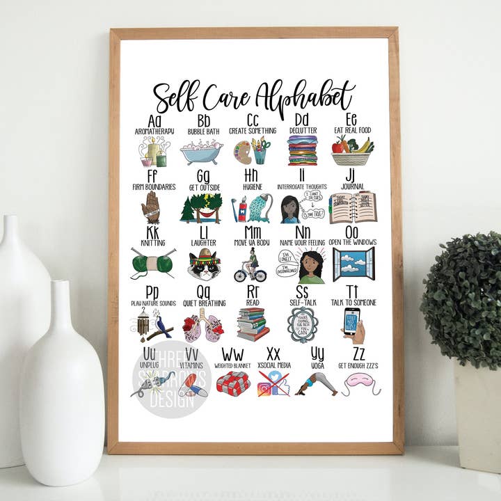 Self Care Alphabet| Abc's of Self-Care| Mental Health Art for wholesale by Three Sparrows Design