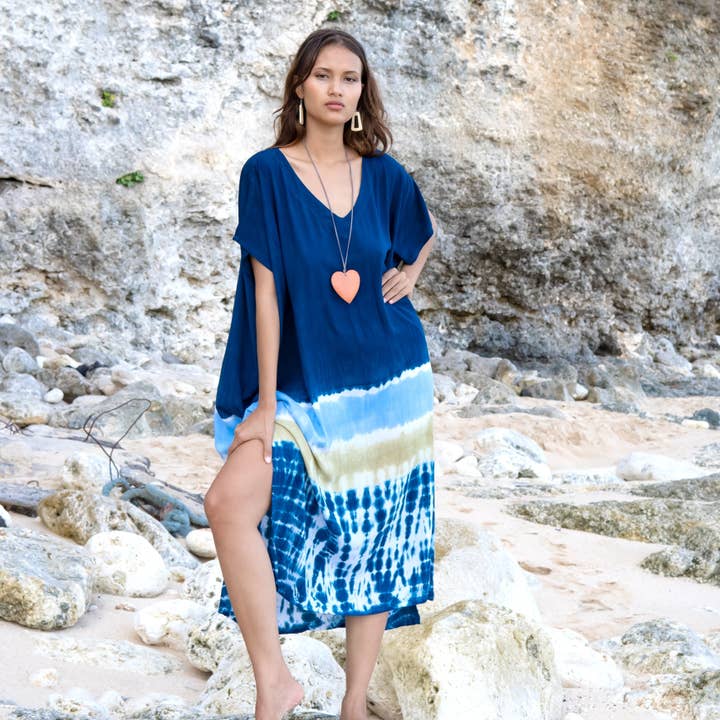 Suzie Blue Canada - Wholesale Kaftan - Women's - Beach Stripe & Tie Dye Kaftan In Blue