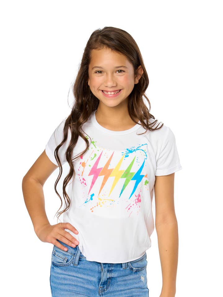 Malibu Sugar - Wholesale Shirt - Kids - Girls 8-14 SS Top w/ Lightning Bolt & Scatter Paint Screen