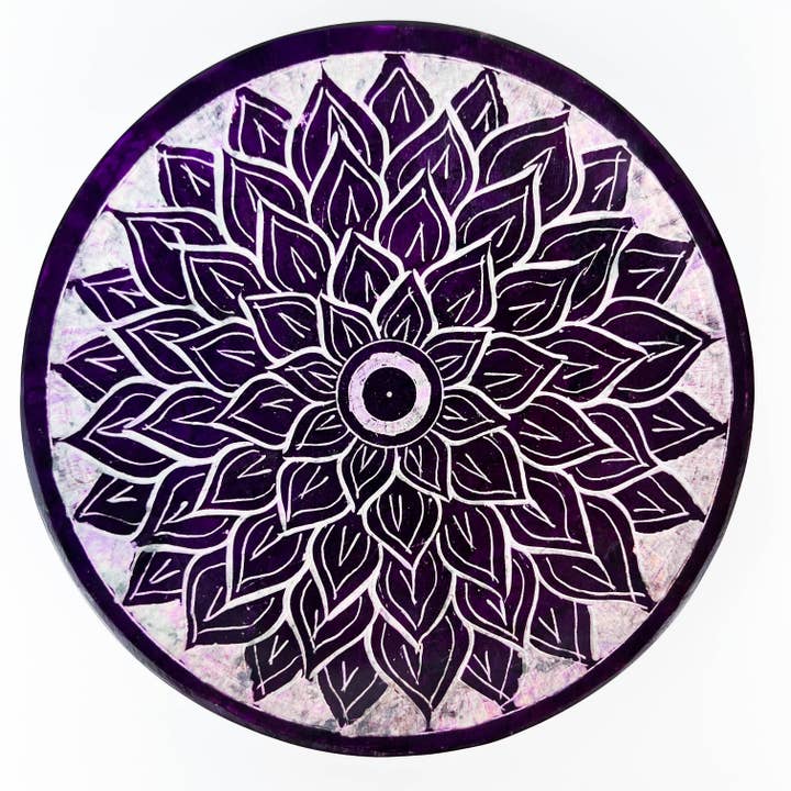 Lotus Flower Carved Bowl/Plate Burner In Purple - 5"D, 0.5"H for wholesale by GREENROOTS USA LLC