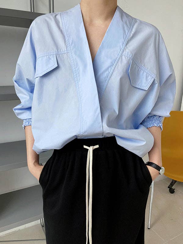 UZ Wholesale Store - Wholesale Button Down Shirt - Women's - Trendy Batwing Sleeves Solid Color V-Neck Blouses14