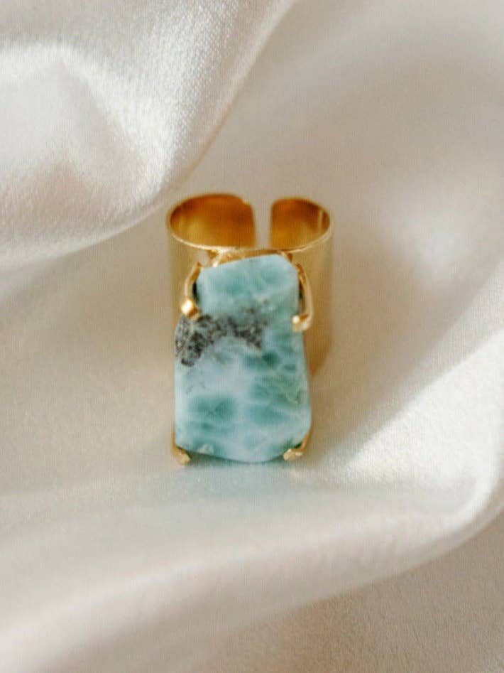 Larimar Cocktail Cuff Ring — Genuine Caribbean Gemstone, 18K Gold Plated, Adjustable Statement Jewelry for wholesale by Aqua Brasil LLC