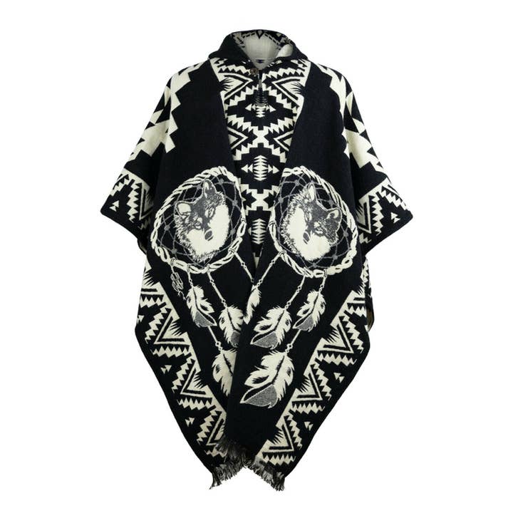ECUALAMA – wholesale Poncho - Unisex – Lupu - Baby Alpackaull Unisex Hooded Poncho Pullover XXL - Varg mönster