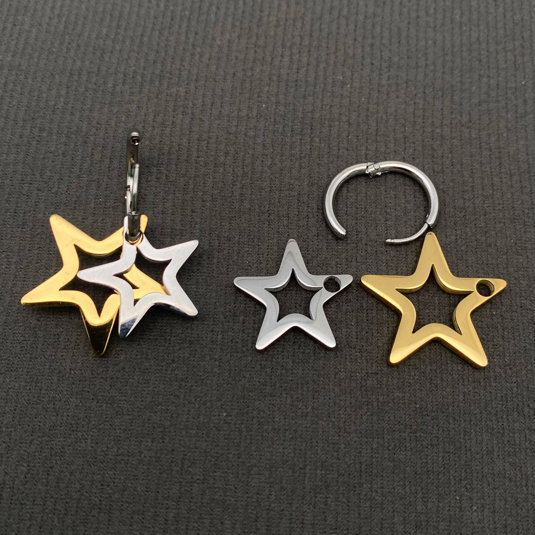 Mio Queena - Wholesale Huggie Earrings - Two-tone 18K Golden SS Hollow Star Huggie Earrings - FGS/MS2
