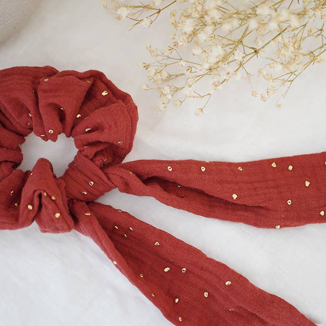 Lina Tomette ribbon scrunchy with gold polka dots for wholesale by Bohomane