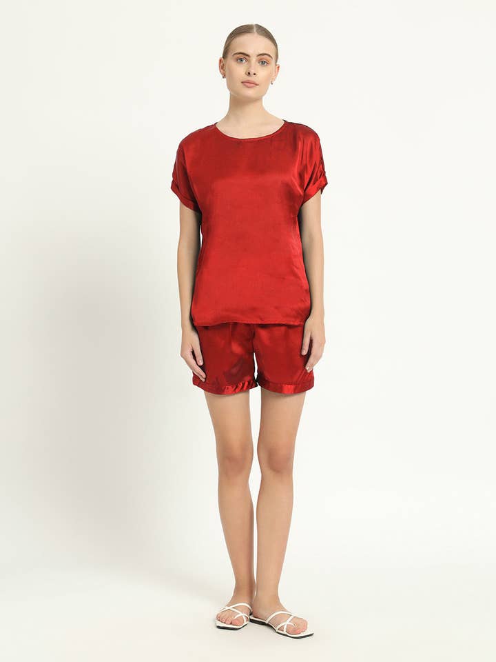 Satin Round Neck - Shorts Scarlet Red PJ Set for wholesale by Thevasa