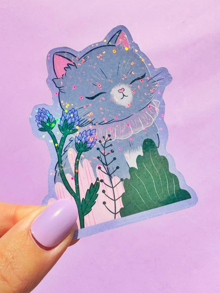 Sparkly Zen Kitty Vinyl Sticker - Cute Calming Cat for wholesale by Paper Cat Club