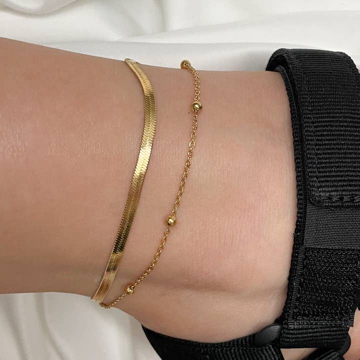 Blueyejewelry - Wholesale Anklet - Layered Herringbone Anklet - Double Layer Dainty Gold Anklet3