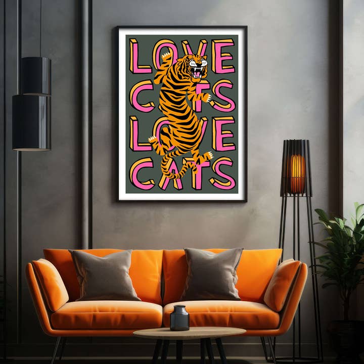 Póster con tipografía Love Cats Tiger, color antracita y rosa para venta al por mayor de Superlover