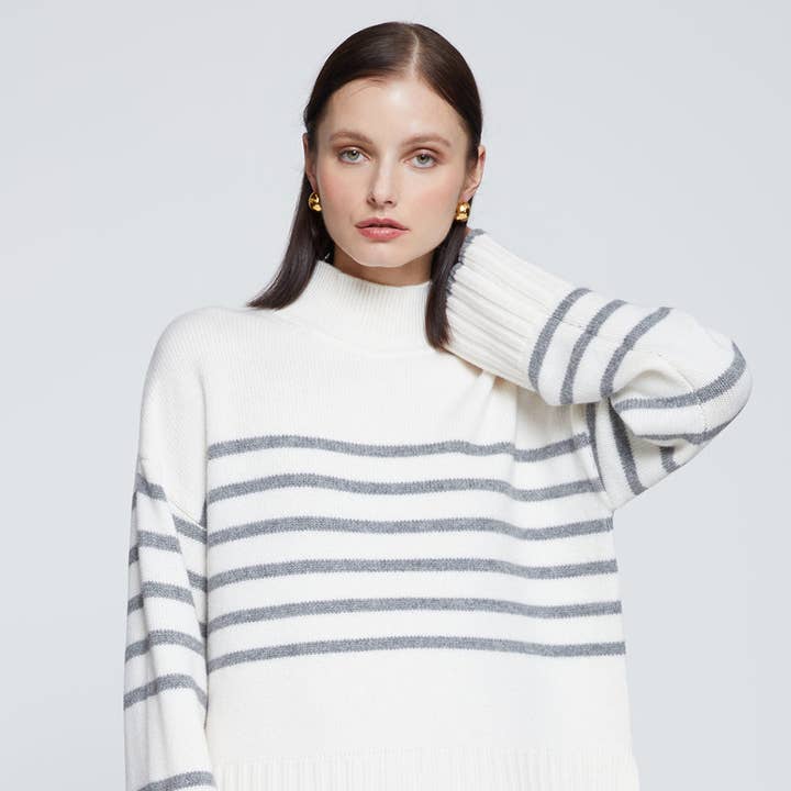 Grey Striped Mock Neck Sweater in Cream and other Purchase Wholesale mock cream. Free Returns & Net 60 Terms on Faire trending on Faire.
