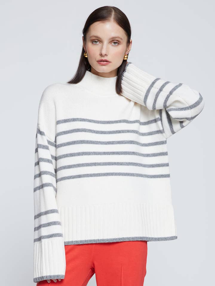 Stateside - Wholesale Knit Sweater - Women's - Grey Striped Mock Neck Sweater in Cream0