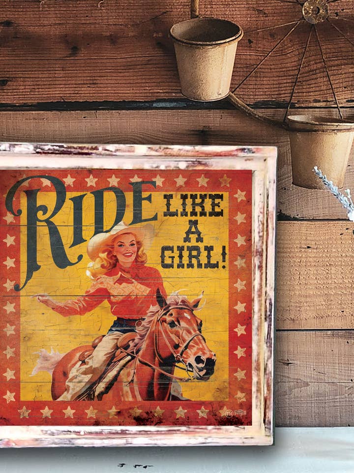 Ride Like a Girl with Stars - Obra de arte con marco cuadrado para venta al por mayor de TroubleMaker Trading Company