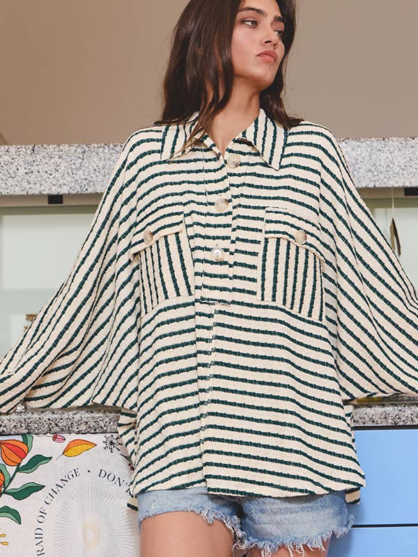 BUCKETLIST - Wholesale Sweatshirt - Women's - T1578-5  Collared Oversized Button Up Stripe Pullover Top2
