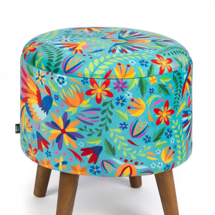 Mexicanske Blomster Fløjl & Træ Opbevaringspuf 38x38x45 cm for engroshandel hos Bergamaschi & Vimercati S.p.a.