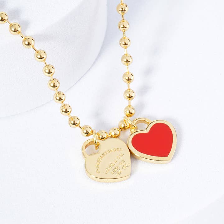 Sensibling Corp. - Wholesale Pendant/Charm Necklace - Gold Dipped Double Heart Pendant Bubble Chain Necklace
