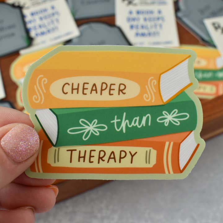 Cheaper Than Therapy Book Stack Sticker for wholesale by Kyn You Believe It