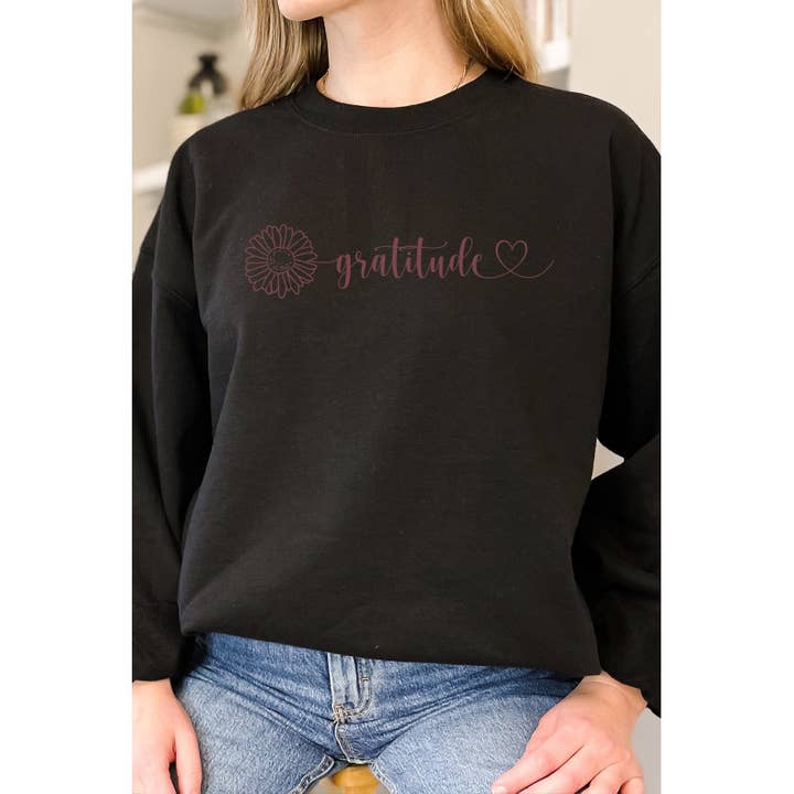 Select Apparel - Venta al por mayor Sudadera estampada - Mujer - Sudadera con estampado de caída de margaritas y corazones de Gratitude