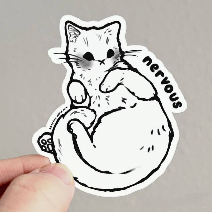 Nervous Cat Vinyl Sticker for wholesale by Katrina Wold Art