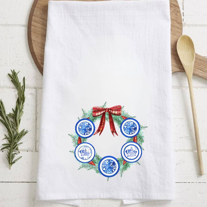 Christmas Blue Willow Wreath Tea Towel  for wholesale by The Luna T Company