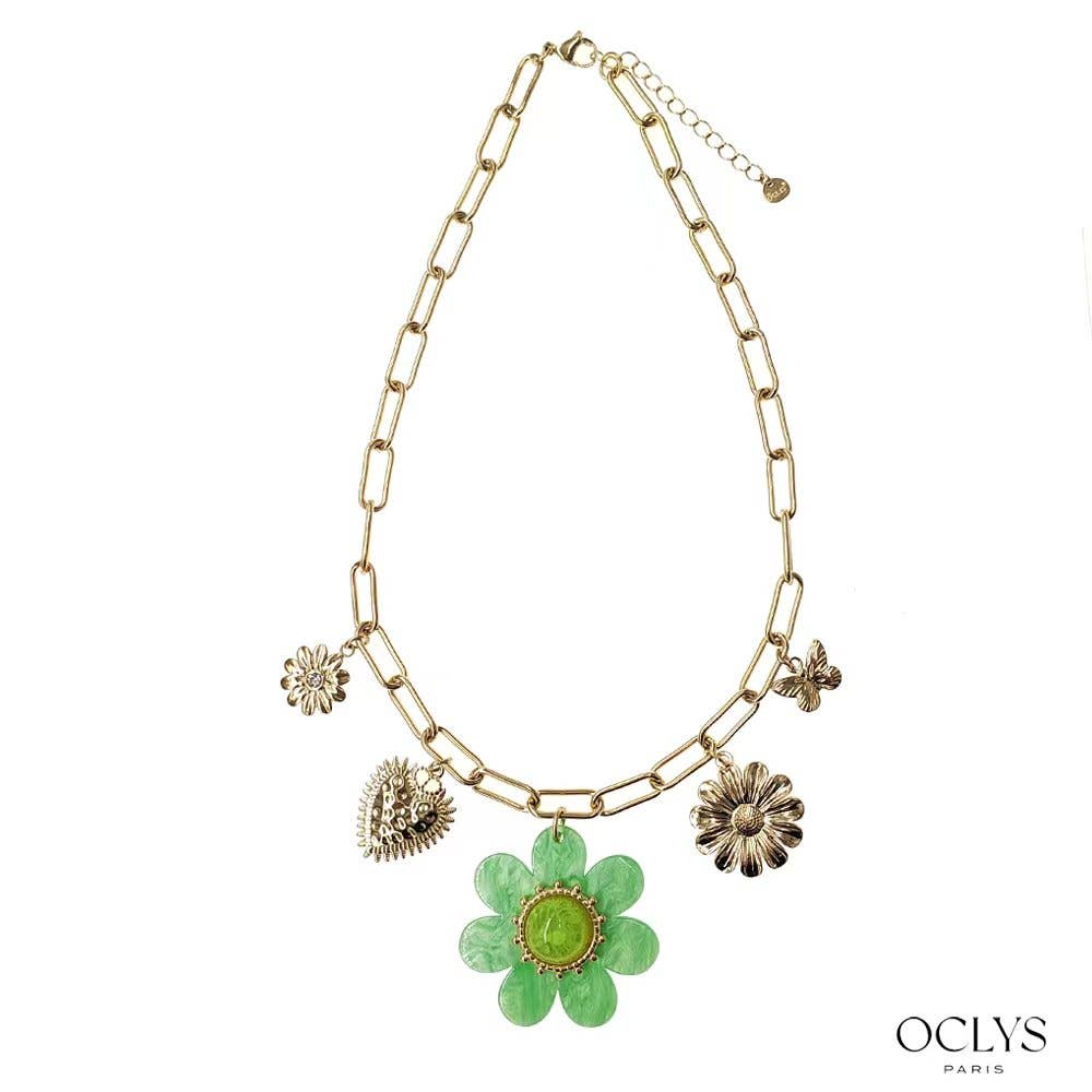 Oclys - Wholesale Pendant/Charm Necklace - Golden chain necklace with flower charms in stainless steel Aki0