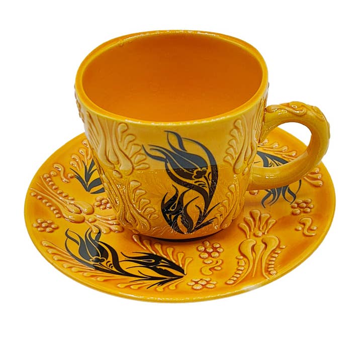 Etnico del Mondo - Wholesale Coffee/Tea Cup - Pair of Ethnic Cups with Turkish Ceramic Saucer Decorated #21