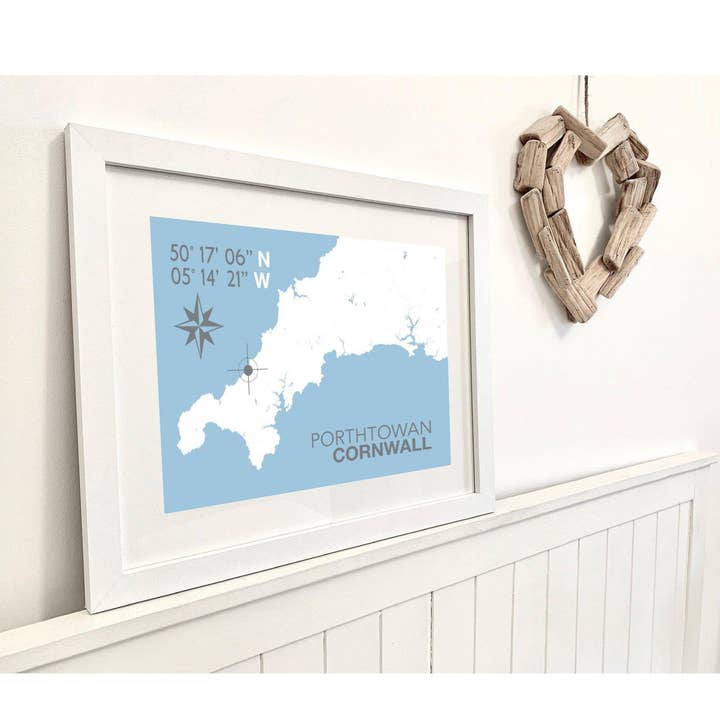 Impresión del mapa costero de Porthtowan para venta al por mayor de SeaKisses