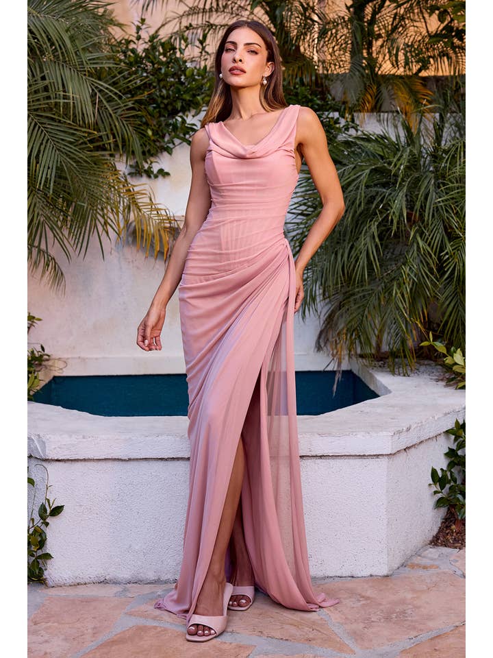 Ladivine by Cinderella Divine - Wholesale Gown - Women's - Off-the-shoulder draped neckline, ruched waist 1