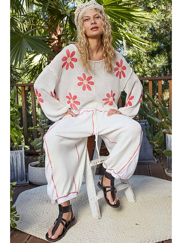 Pol Clothing - Wholesale Knit Sweater - Women's - Round neck balloon sleeve floral prints sweater SALE
