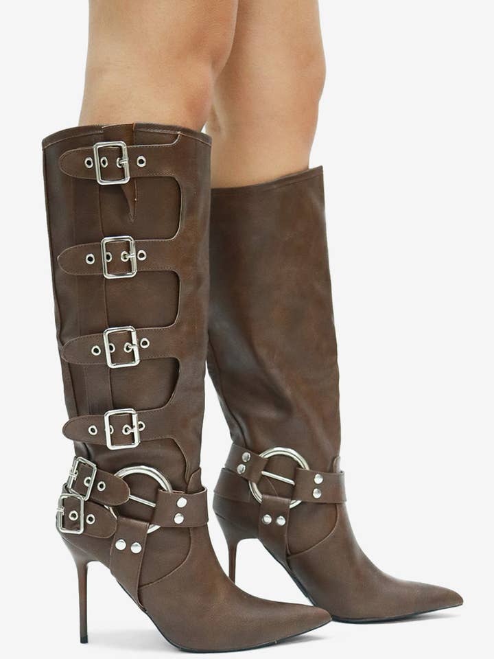 Lemonade Shoes - Wholesale Boots - Women's - ROCKSTAR - Biker Heel Boot, Buckle & Harness Detail