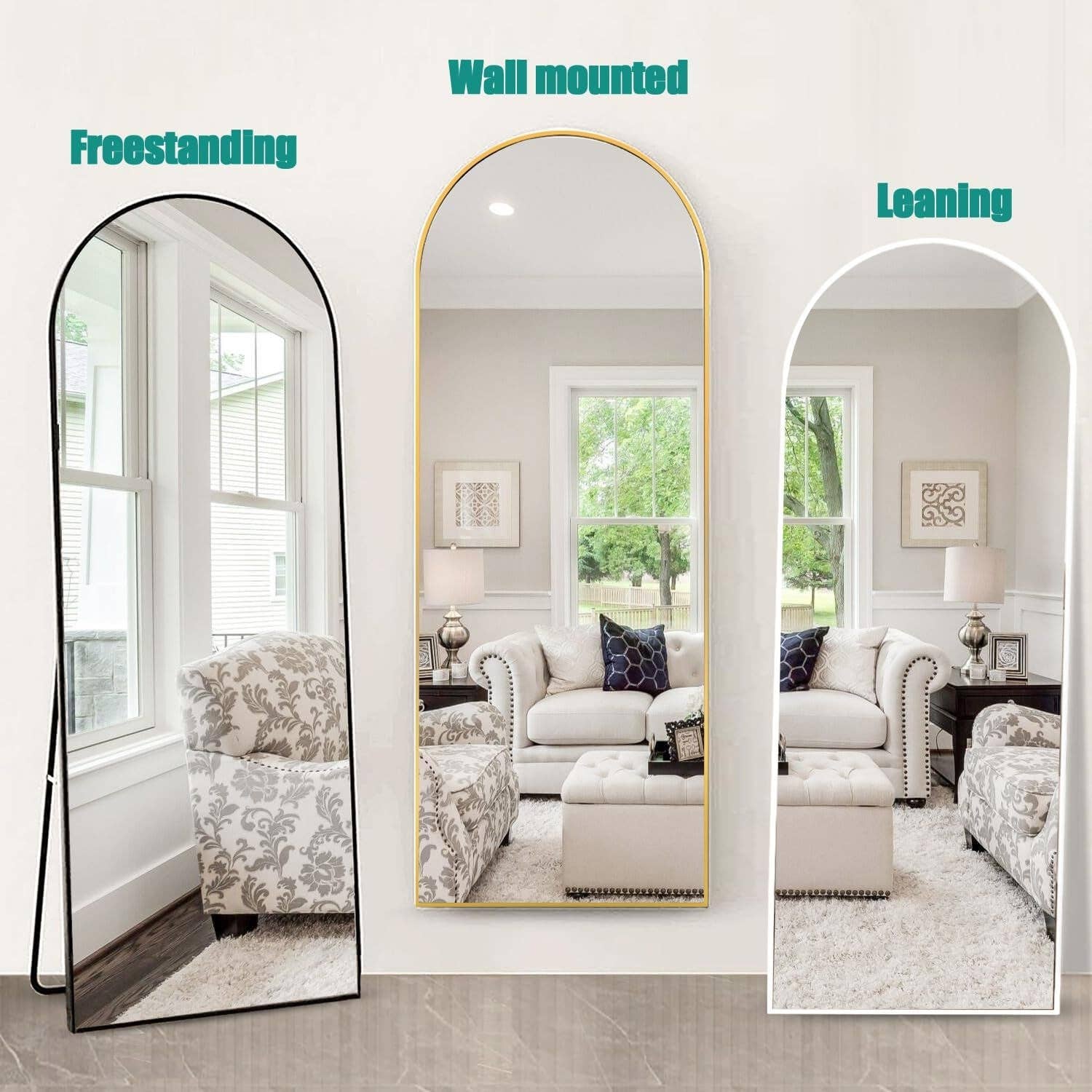 57 Inch Arched Floor Mirror With Stand Gold Aluminum Frame for wholesale on Faire7