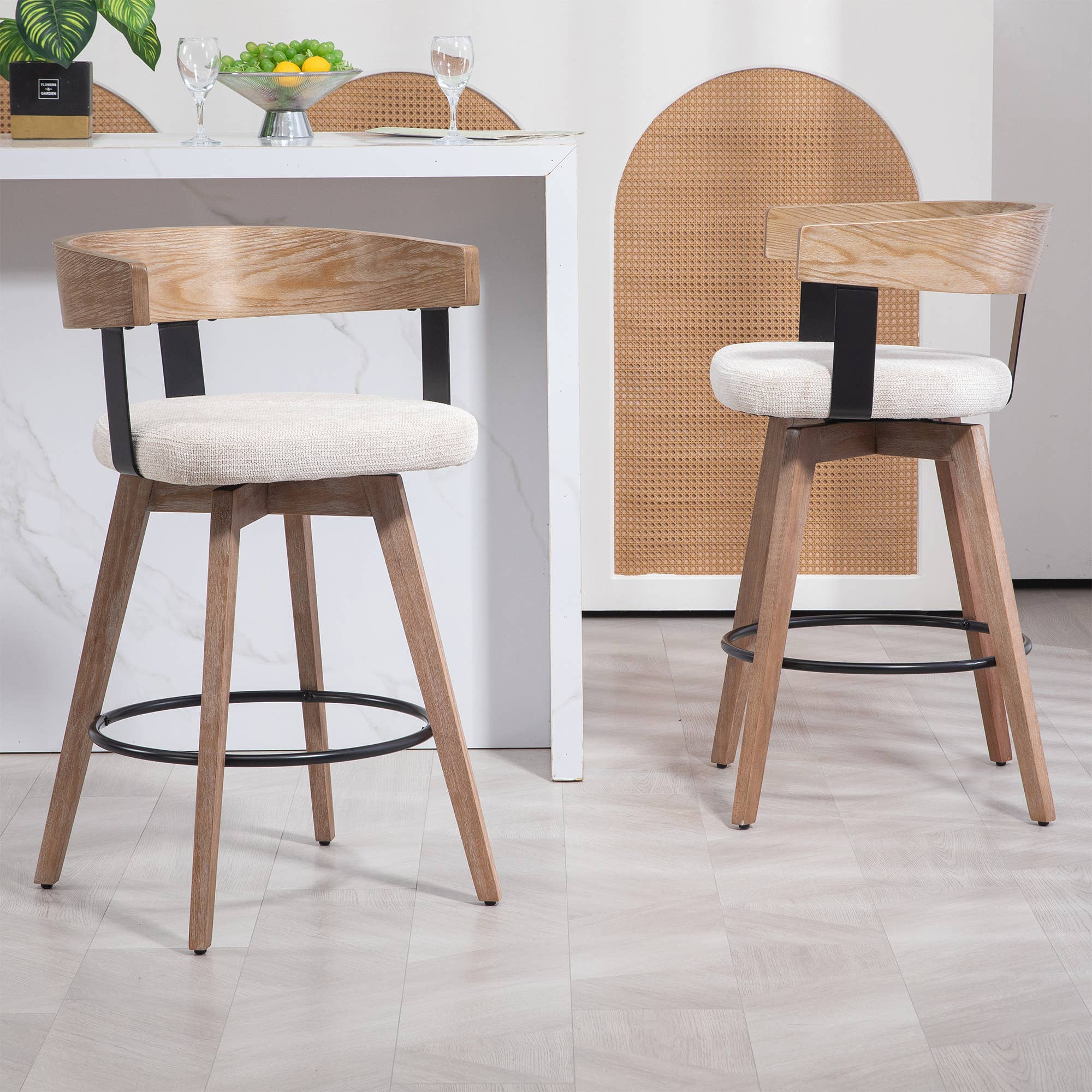 Glamour Home - Wholesale Stool - Beck Beige Linen Fabric Counter Stool with Natural Wood6