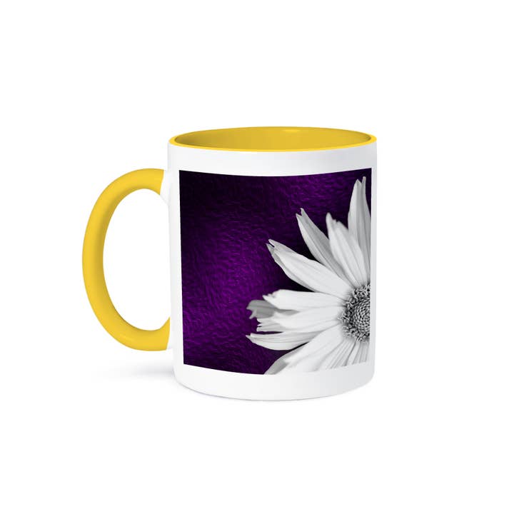 3dRose - Wholesale Coffee Mug - 3dRose, Photograph of the corner of a white maximilian sunflower on purple., Mug
