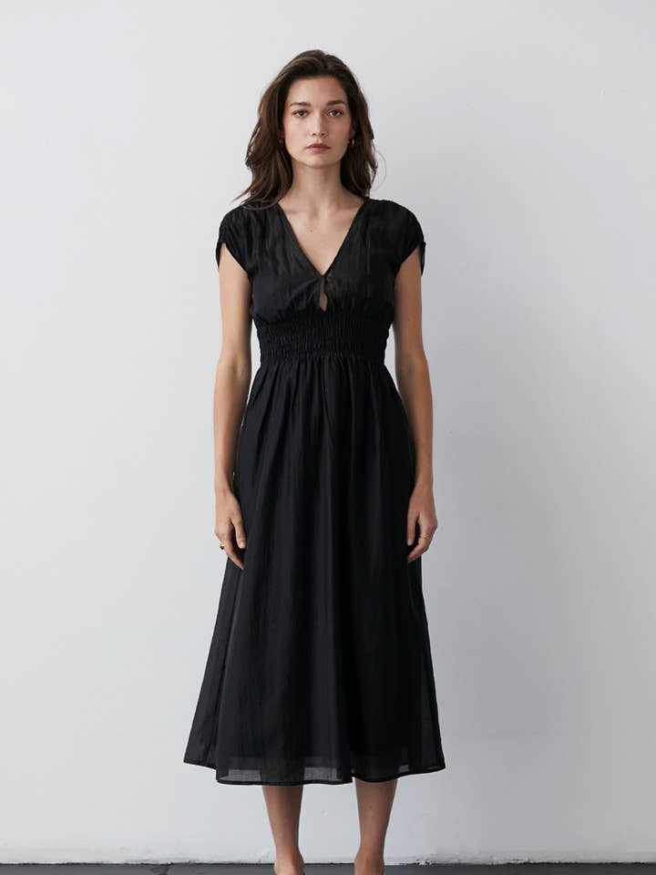 BLACK CD8704 - Allison Smocked Waist Midi Dress for wholesale on Faire
