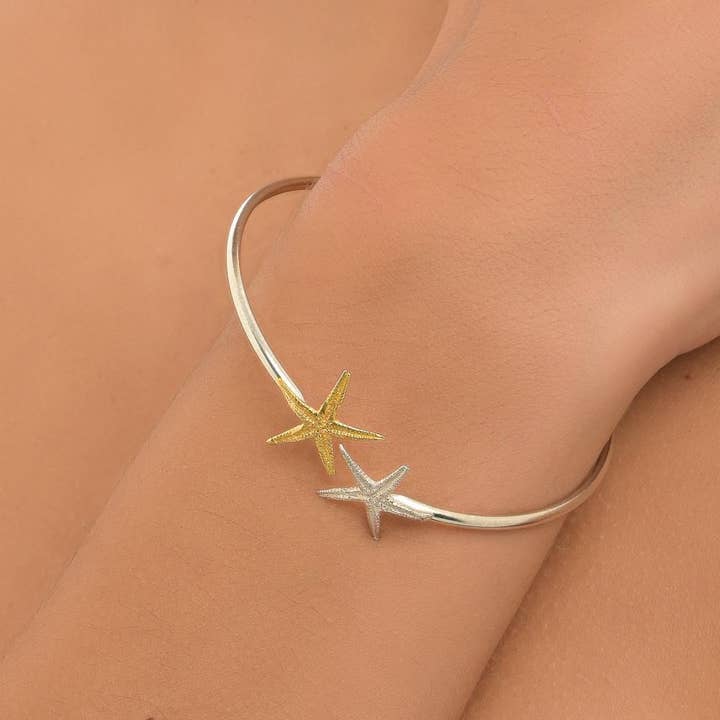 Gold Starfish Bracelet, Two-Tone Silver And Gold, Nature Inspired Jewelry Gift For Women for wholesale by Mother Nature Jewelry