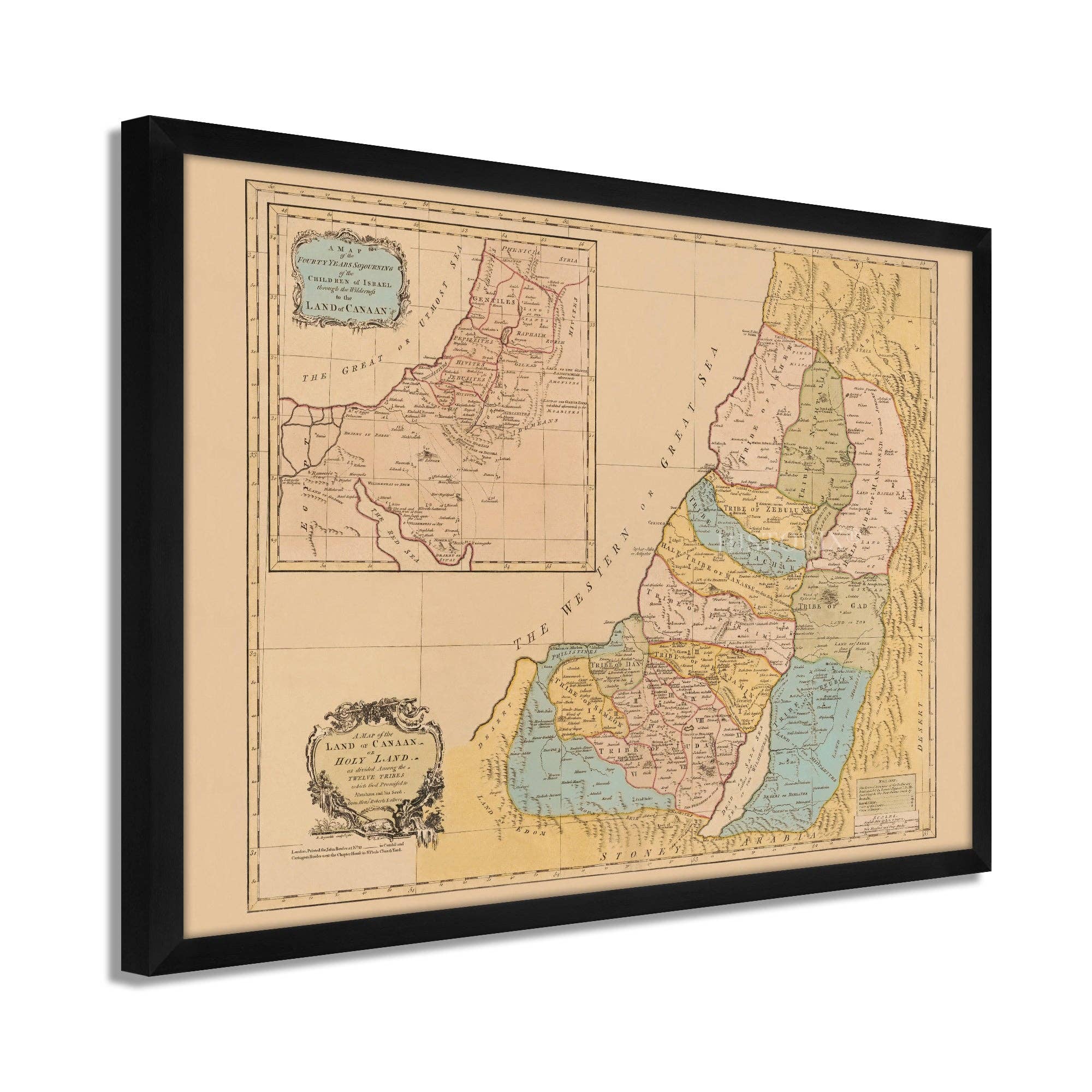 Historic Prints - Wholesale Map - 1760 Land of Canaan Palestine Map - Framed Vintage Holy Land Map Poster - Map of the Holy Land Divided Among Twelve Tribes God Promised To Abraham0