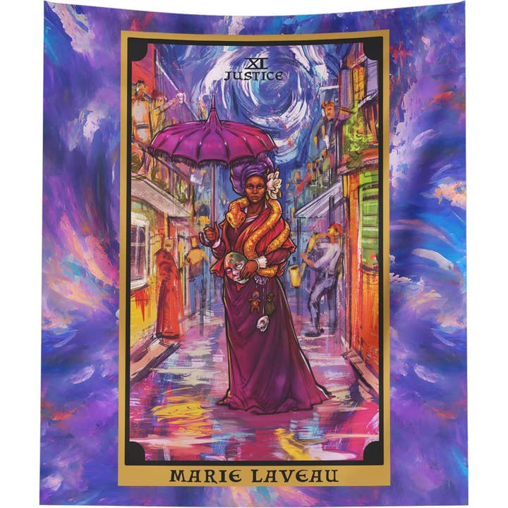 Justice Tarot Card Tapestry - Voodoo Queen Marie Laveau for wholesale by The Ghoulish Garb