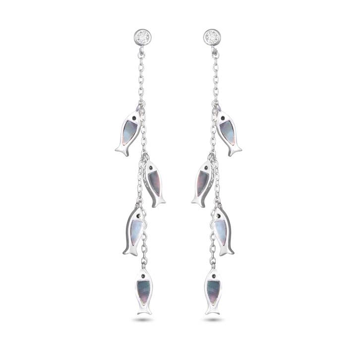 Amanda Blu - Wholesale Dangle Earrings - Grey Mother of Pearl Four Fish Chain Drop Earrings - Silver